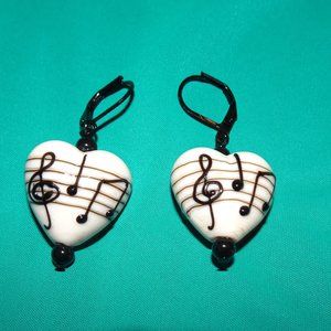 Handmade heart-shaped Grace Lampwork "love of music" earrings